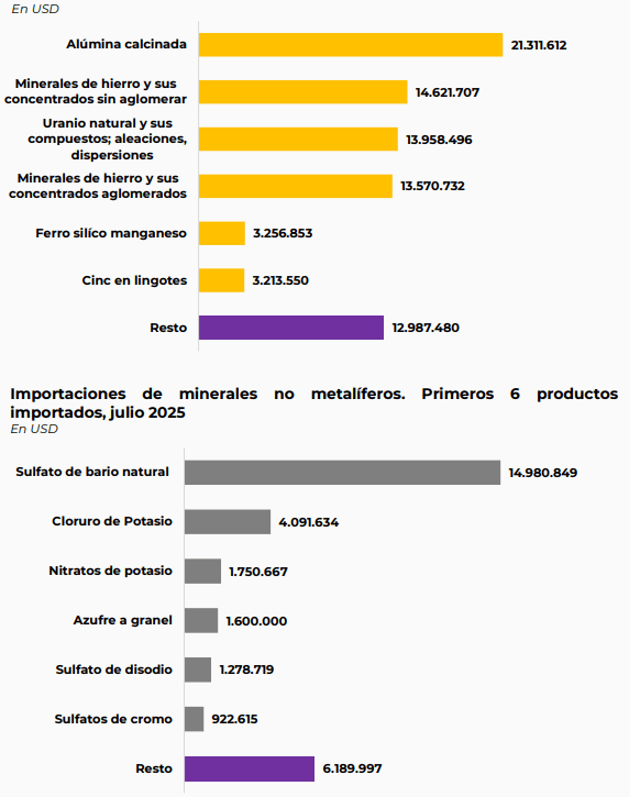 Gráfico de torta que muestra la composición de las importaciones de minerales metalíferos en Argentina, destacando alúmina y minerales de hierro como principales segmentos