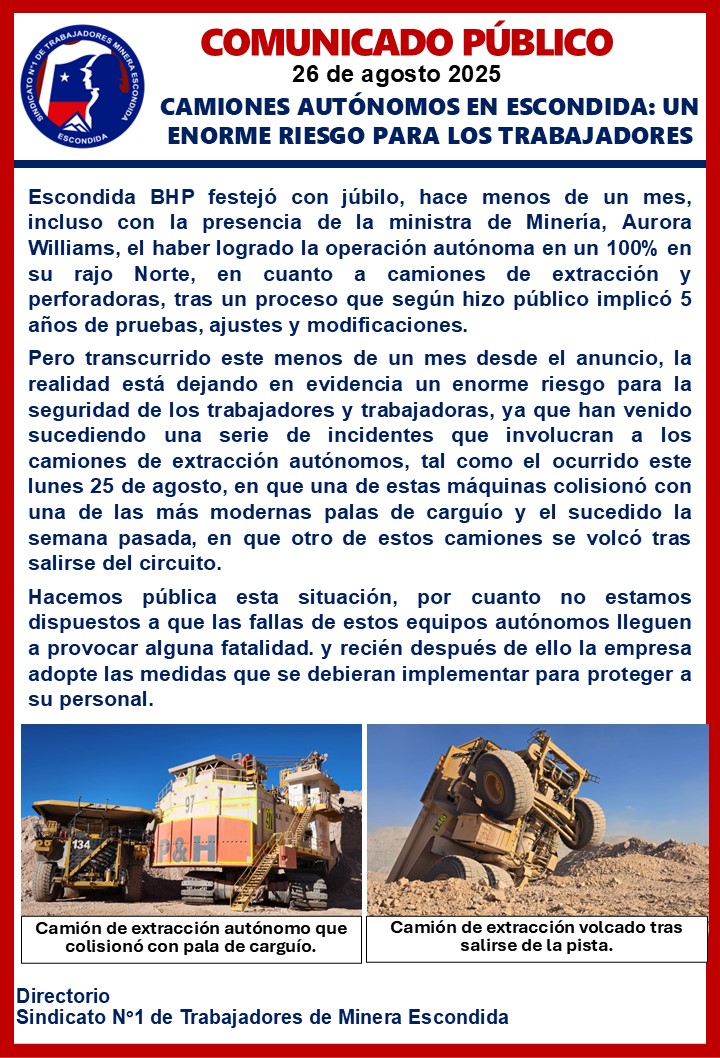 Comunicado del Sindicato N°1 de Minera Escondida denunciando incidentes con camiones autónomos.