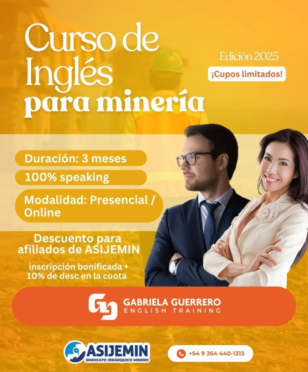  Flyer publicitario del curso "Inglés para Minería" con información sobre desarrollo profesional, comunicación fluida y método dinámico, incluyendo datos de contacto.