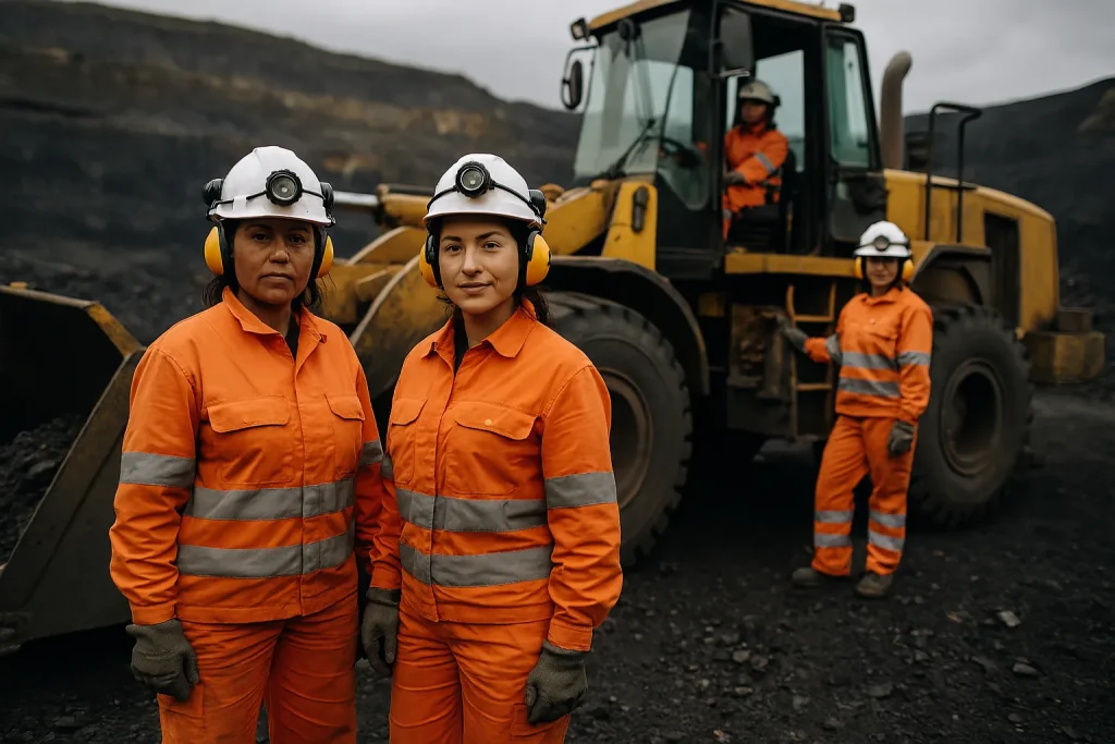 Mujeres operadoras de maquinaria pesada en yacimientos mineros.