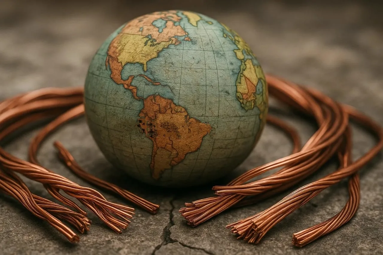 Imagen de un globo terráqueo y cables de cobre alrededor