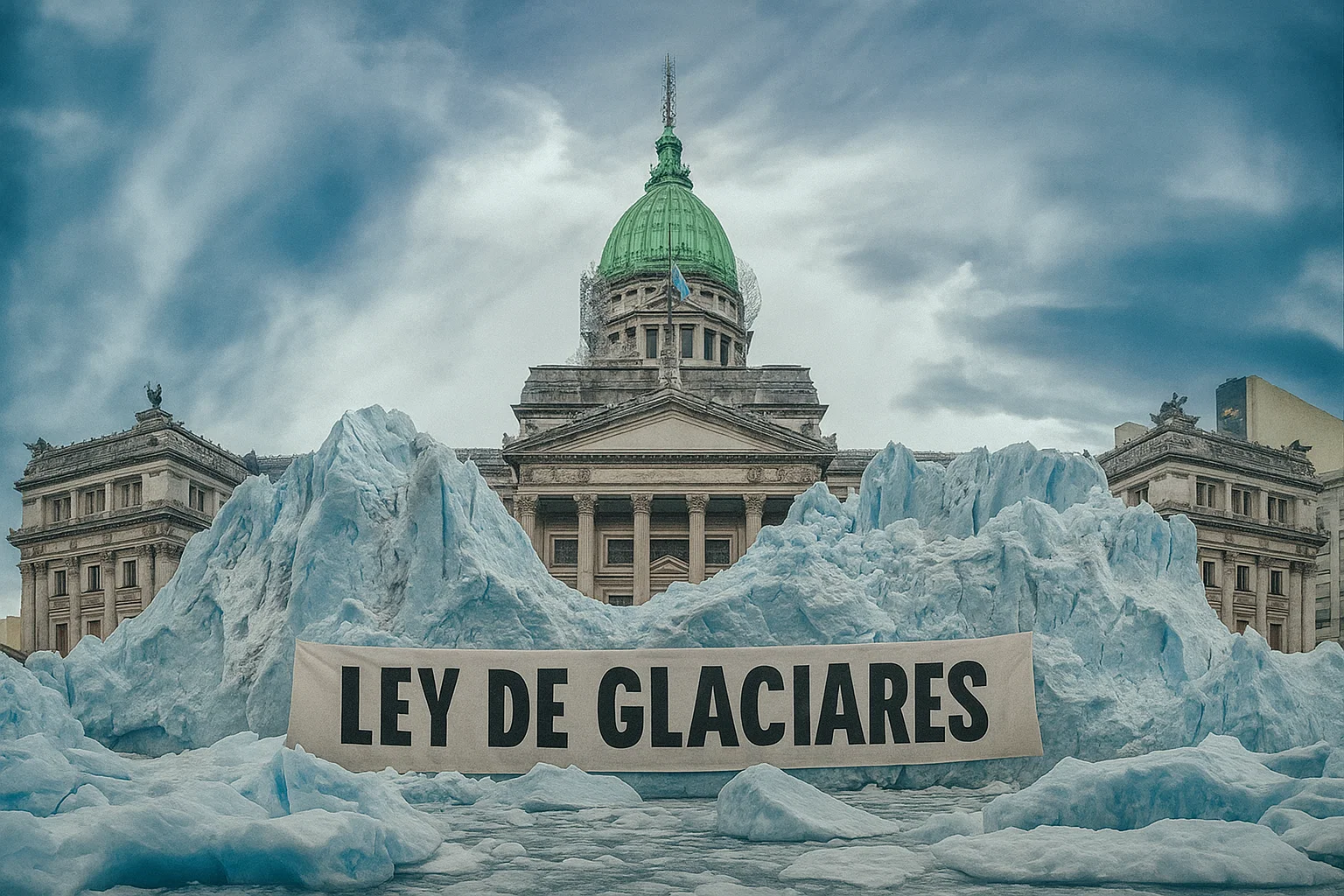Imagen del Congreso de la Nación con un glaciar delante