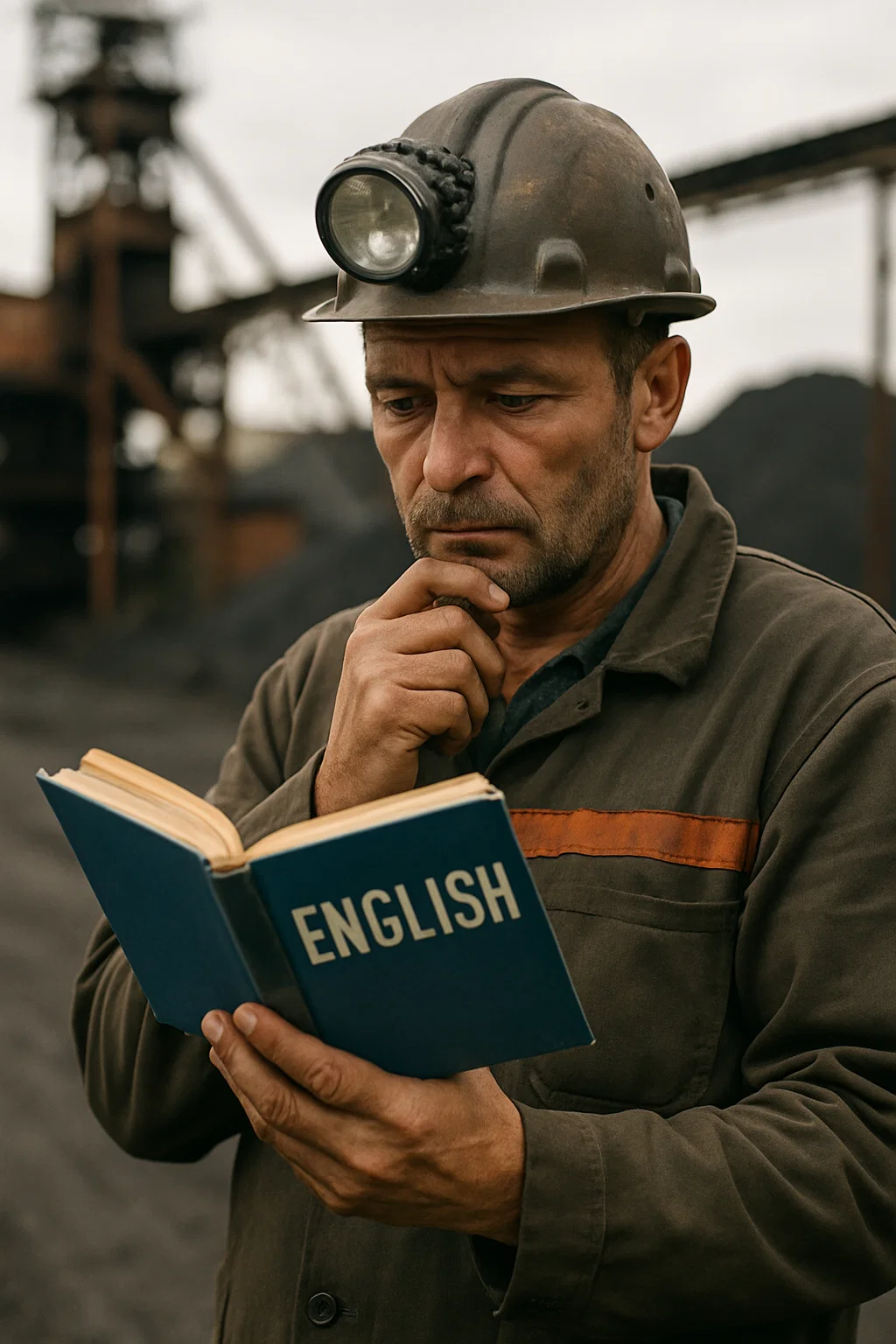 Minero con un libro de inglés estudiando en un entorno minero.