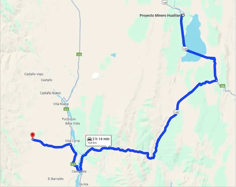El recorrido de 165 km que realizarán los camiones desde el proyecto Hualilán (Ullum) hasta la planta de Casposo (Calingasta), reconstruido por ACERO Y ROCA.