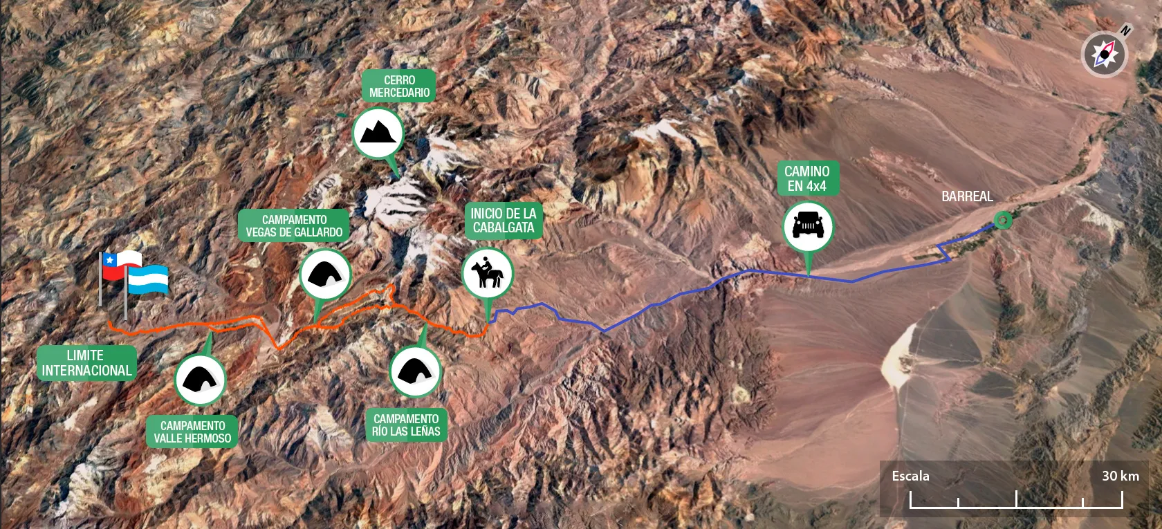 Mapa detallado de la ruta histórica del Cruce de los Andes en San Juan.