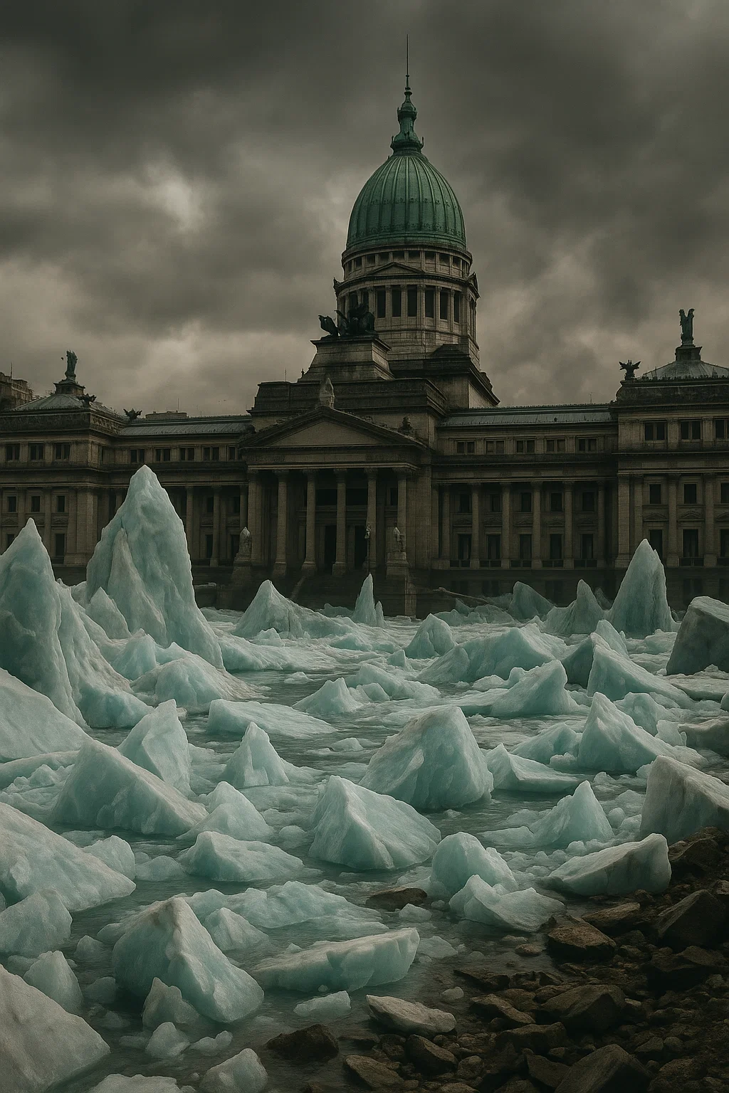 Glaciar y Congreso, simbolizando el debate ley de glaciares minería. Imagen ilustrativa de ACERO Y ROCA