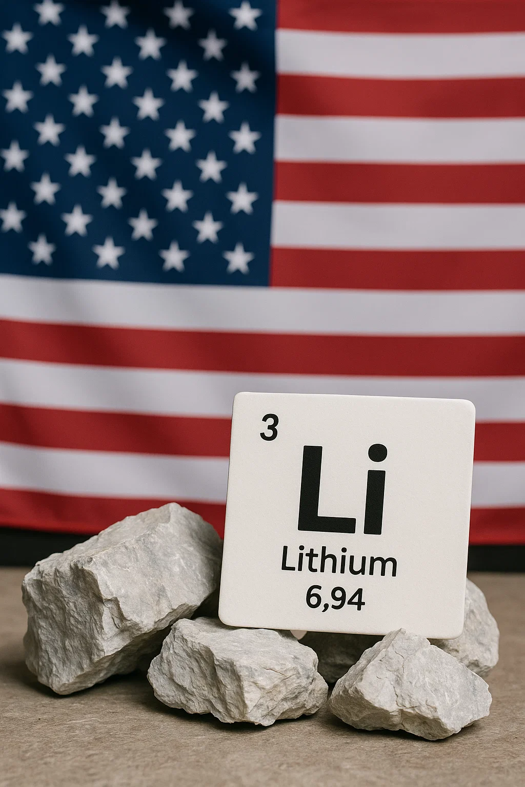 Bandera de Estados Unidos con rocas de litio y el símbolo Li.