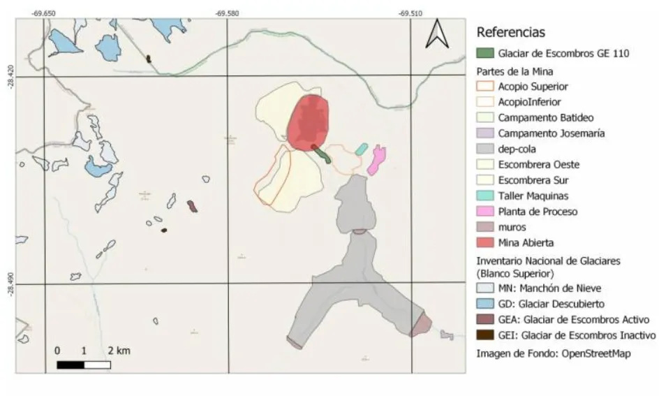 Inventario Nacional de Glaciares, glaciar de escombros GE 110 y las partes proyectadas para realizar la mina Josemaría. Fuente: Ausenco (2021)