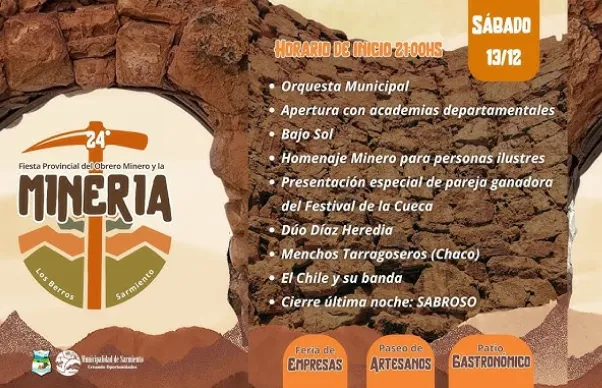 Flyer oficial de la Fiesta Obrero Minero Sarmiento en el Club Defensores de Boca, Los Berros