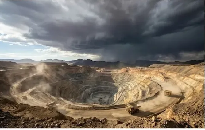 Formación de tormenta sobre mina a cielo abierto. Imagen ilustrativa de ACERO Y ROCA