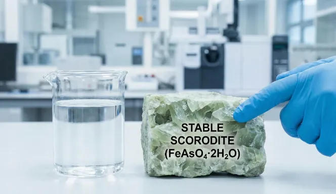 Muestra de laboratorio de escorodita estable para control de arsénico. Imagen ilustrativa de ACERO Y ROCA