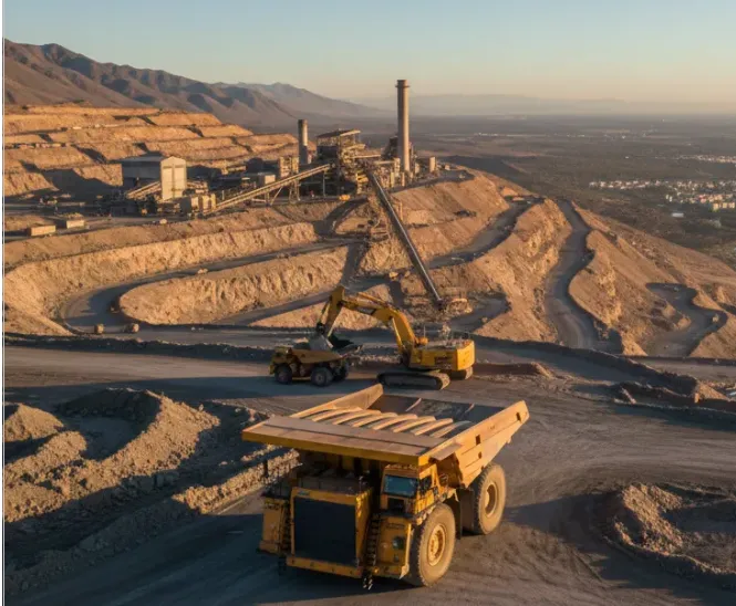Camiones mineros trabajando en un yacimiento de gran escala. Imagen ilustrativa de ACERO Y ROCA