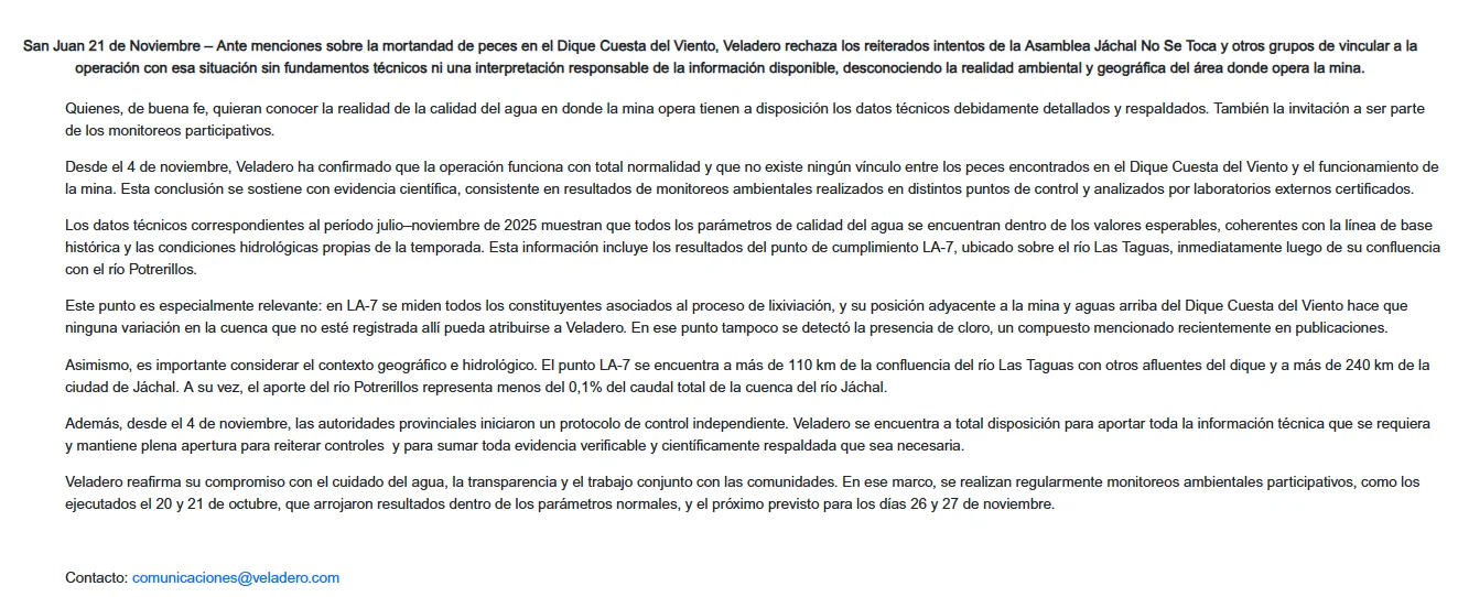 Comunicado de Veladero