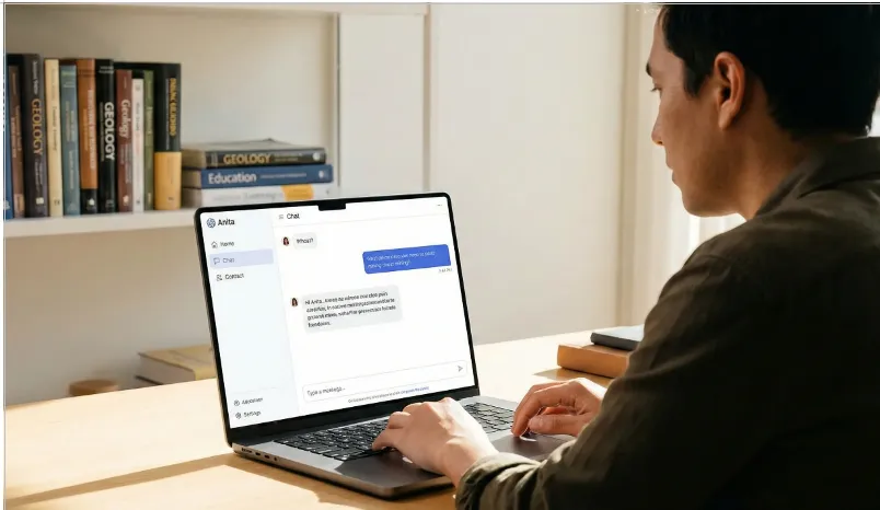 "Ilustración de una persona interactuando con una interfaz de inteligencia artificial o chatbot, en un entorno educativo o periodístico.