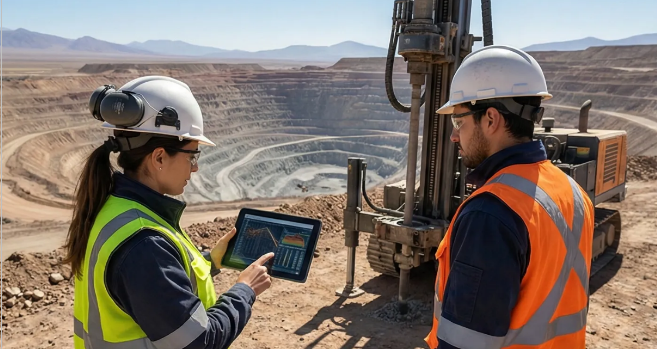 Operador minero utilizando software de precisión digital. Imagen ilustrativa de ACERO Y ROCA