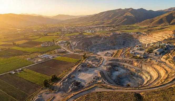 Vista panorámica que ilustra la convivencia entre la agricultura y una operación minera moderna en la región andina, un modelo de desarrollo integral. Imagen ilustrativa de ACERO Y ROCA