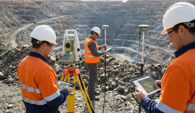 Profesionales técnicos realizan mediciones de precisión en terreno, demostrando la base científica y tecnológica que respalda los proyectos mineros. Imagen ilustrativa de ACERO Y ROCA