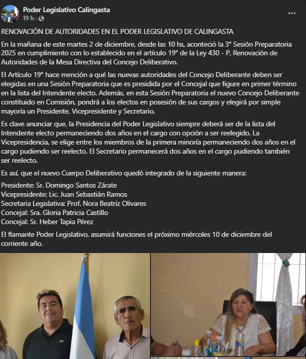Publicación sobre las nuevas autoridades del Concejo Deliberante.