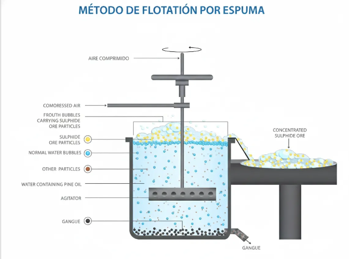 Método de flotación por espuma con tecnología BGRIMM y reactivos modernos.