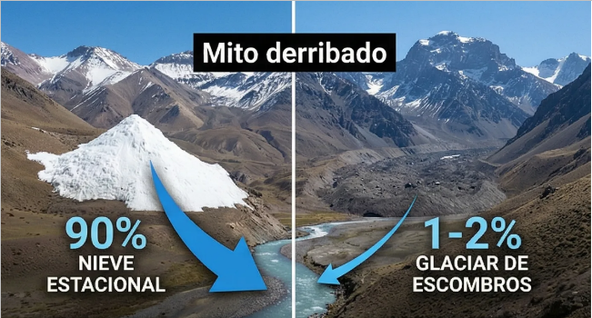 Infografía que compara las fuentes de agua en la cuenca. La nieve estacional aporta más del 90% del caudal de los ríos, superando ampliamente el 1-2% estimado para los glaciares de escombros.