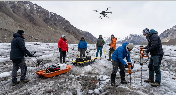 Equipo de especialistas realizando mediciones en terreno con tecnología avanzada como georradares, perforadoras y drones.