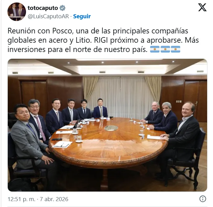 Post del ministro de Economía, Luis Caputo en su red X. 