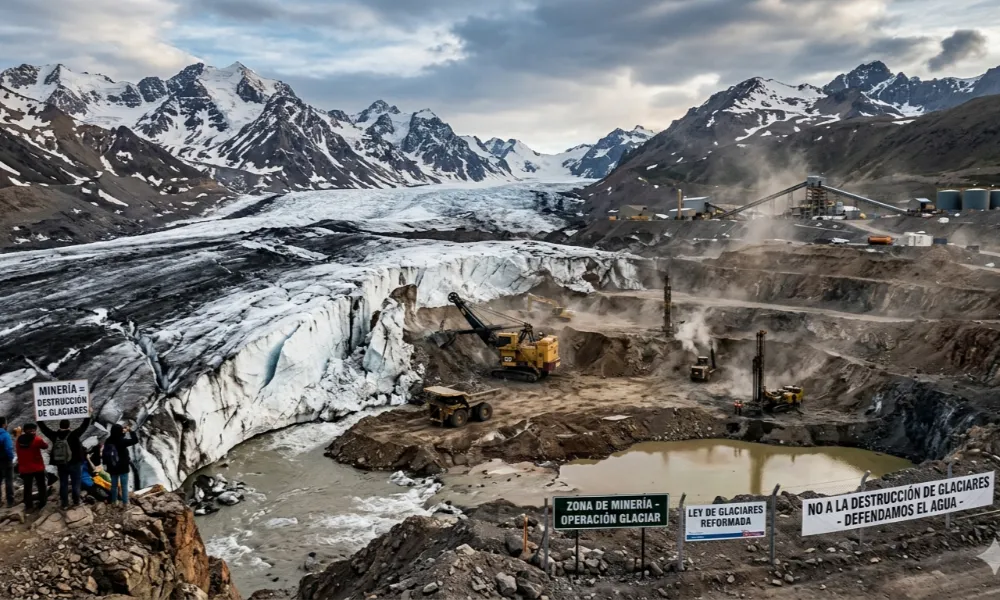 Actividad minera en zona glaciar de alta montaña, en medio del debate por la reforma de la Ley de Glaciares y su impacto hídrico. Imagen ilustrativa: ACERO Y ROCA.