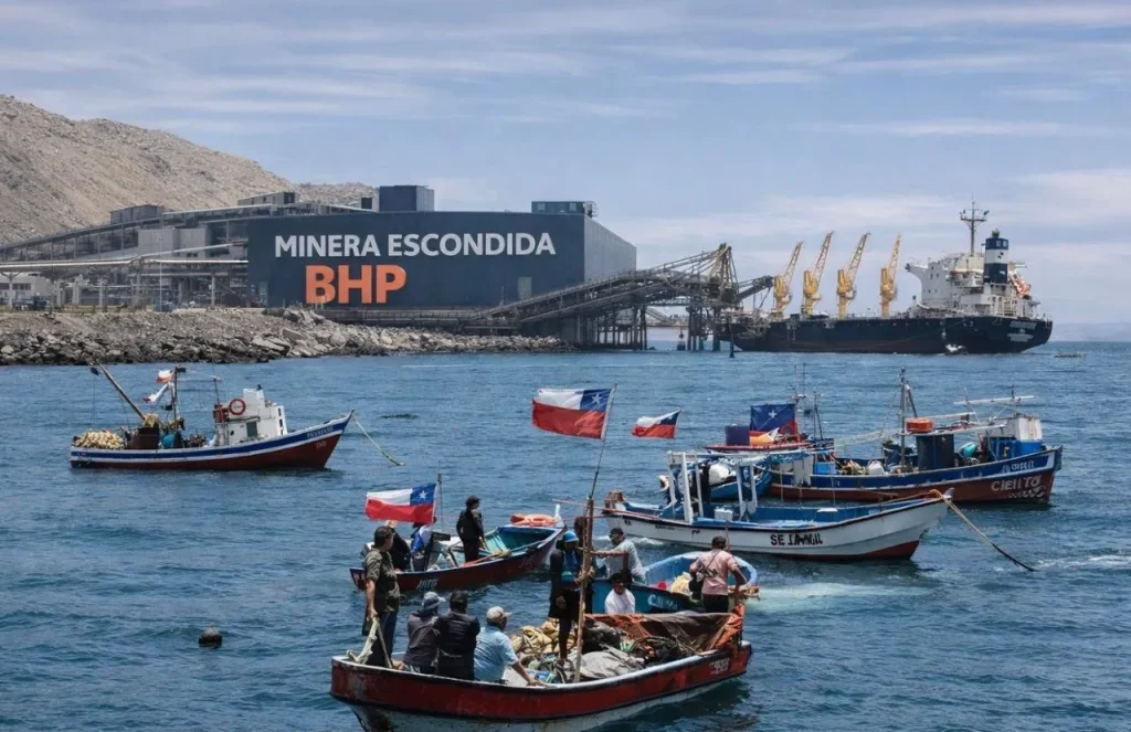 Pescadores protestando contra el derrame de desechos industriales de BHP en Chile