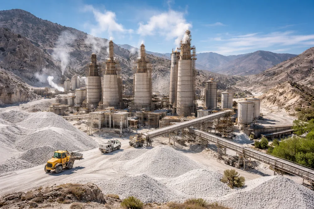 Planta de producción de cal con hornos verticales, cintas transportadoras y acopios de piedra caliza en entorno de montaña. Imagen ilustrativa de Acero y Roca.
