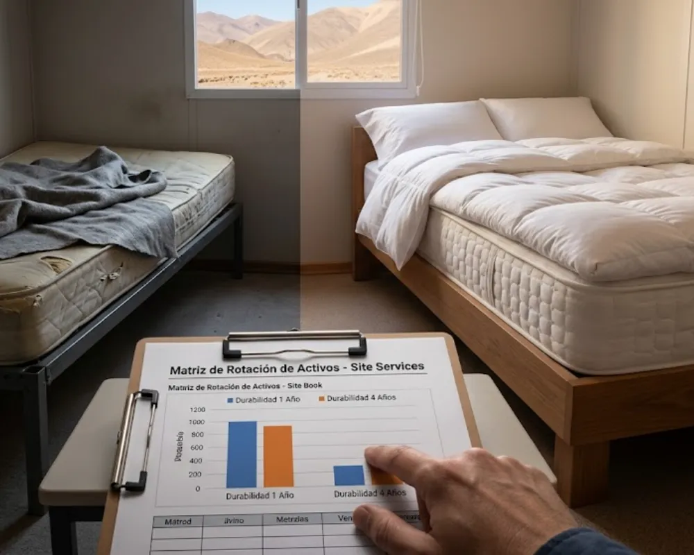 Habitaciones de campamento minero en San Juan: una con equipamiento de baja gama y otra con colchones y sábanas premium.  Imagen ilustrativa de Acero y Roca.