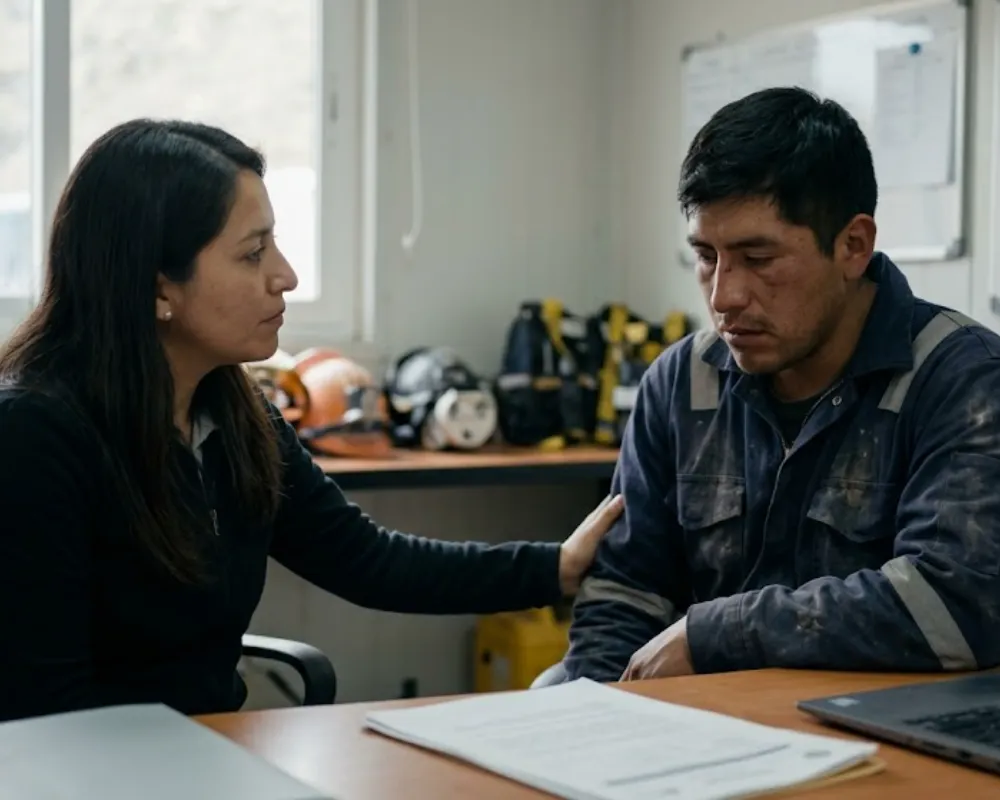 Contenido Original de ACERO Y ROCA - Prohibida su reproducción Una psicóloga laboral mantiene una charla de contención con un operario minero en una oficina técnica de yacimiento; ella apoya una mano en su hombro en señal de apoyo. Imagen ilustrativa de Acero y Roca.