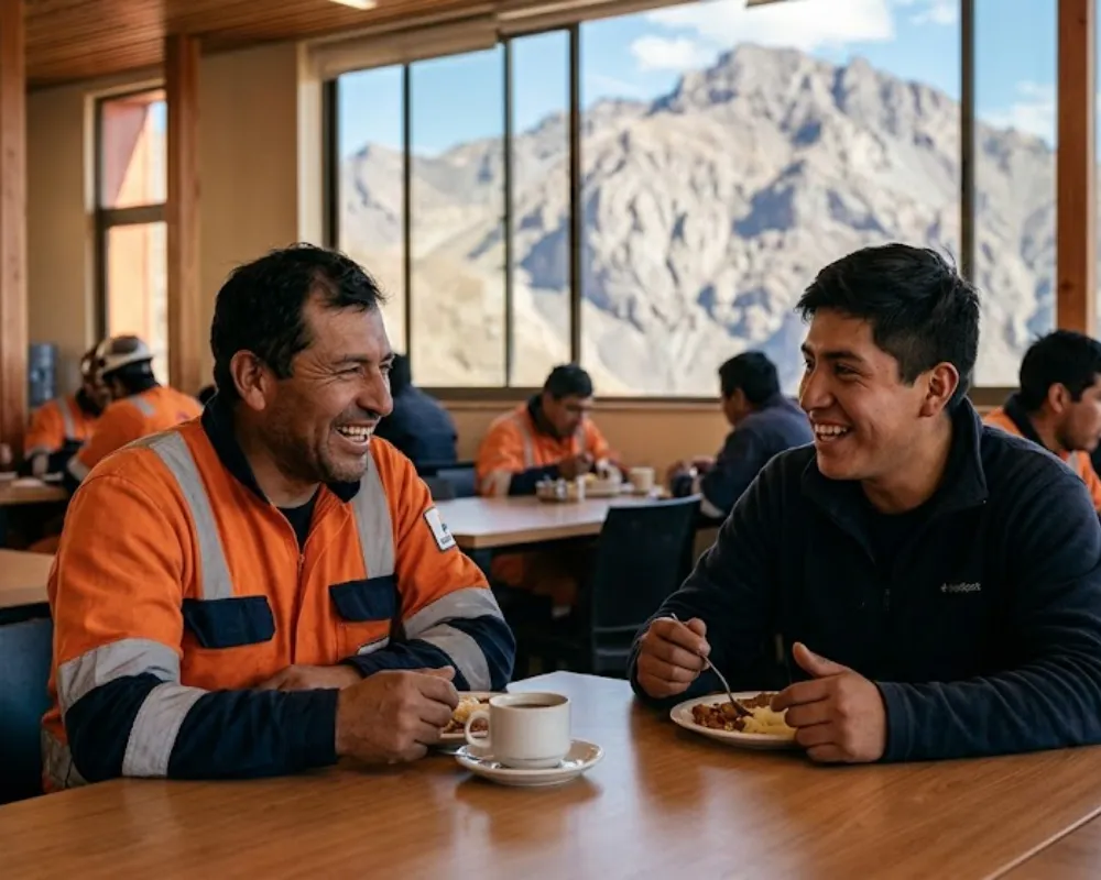 Contenido Original de ACERO Y ROCA - Prohibida su reproducción Dos mineros con uniformes de trabajo ríen y conversan animadamente mientras almuerzan en un comedor vidriado con vista a las montañas nevadas. Imagen ilustrativa de Acero y Roca.