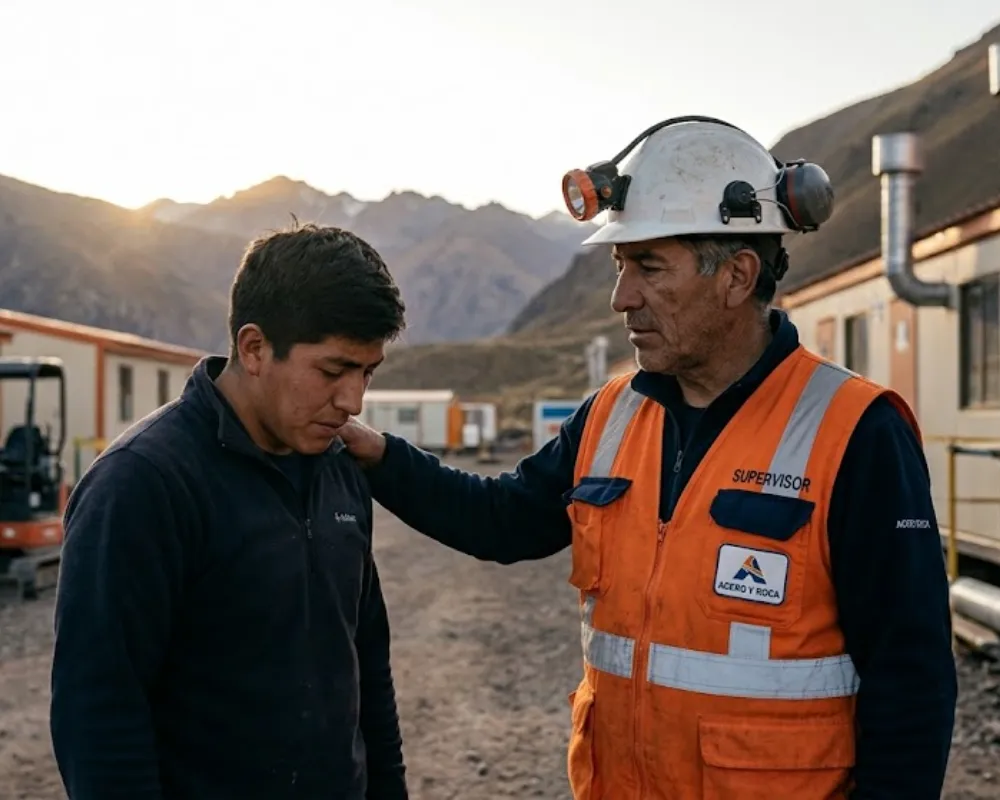 Contenido Original de ACERO Y ROCA - Prohibida su reproducción Un supervisor minero de mayor edad conversa con un operario joven que se muestra compungido, situados entre los módulos habitacionales de un campamento minero al atardecer. Imagen ilustrativa de Acero y Roca.