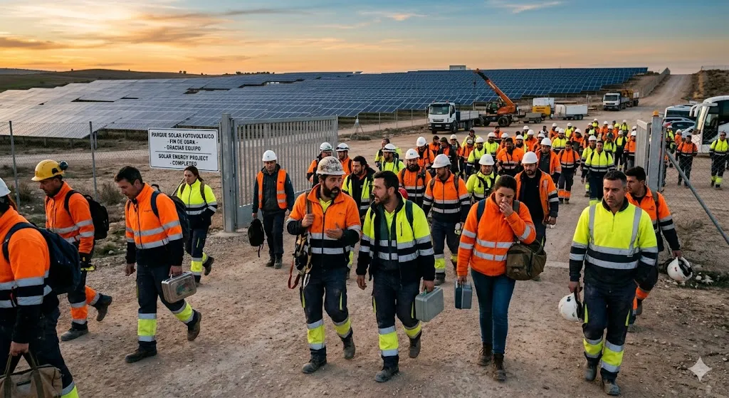 Contenido Original de ACERO Y ROCA - Prohibida su reproducción Obreros saliendo de la obra terminada del parque solar en Retamito, Sarmiento, San Juan. Imagen de Acero y Roca