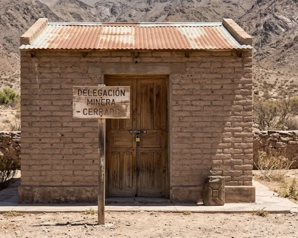 Contenido Original de ACERO Y ROCA - Prohibida su reproducción Fachada de una antigua oficina pública abandonada o cerrada en un entorno árido de San Juan. Imagen ilustrativa de Acero y Roca.