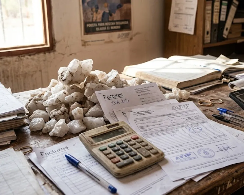 Contenido Original de ACERO Y ROCA - Prohibida su reproducción Mineral de cuarzo blanco apilado junto a facturas, calculadoras y documentos fiscales en un escritorio rústico. Imagen ilustrativa de Acero y Roca.