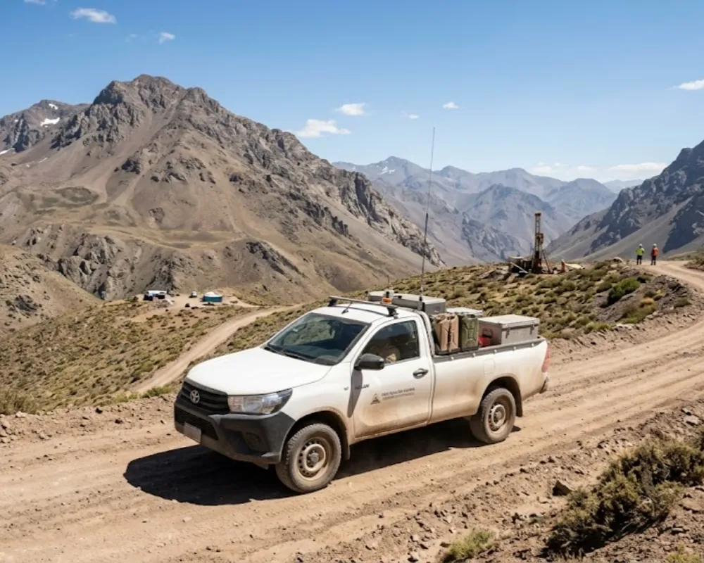Imagen de ACERO Y ROCA Una camioneta 4x4 de exploración minera circulando por un camino de tierra consolidado en la cordillera mendocina en verano. Imagen ilustrativa de Acero y Roca.
